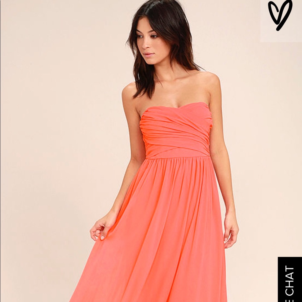New! Coral Pink Strapless Maxi Dress in Chiffon